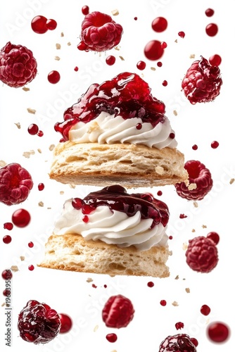 fruit scone flying with cream and jam, isolated on white background