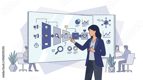 A confident businesswoman in a dark blue blazer presents a detailed business process flowchart on a large interactive screen to her team in a modern office.