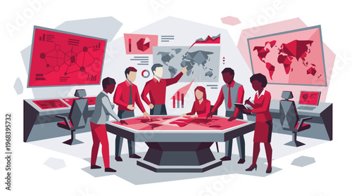 A diverse team of analysts collaborates in a futuristic command center, examining complex data visualizations and world maps on large screens in a monochromatic red theme.