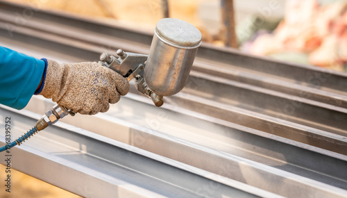 Quadro su tela Construction worker painting metal structure surface coating with a spray gun at construction site