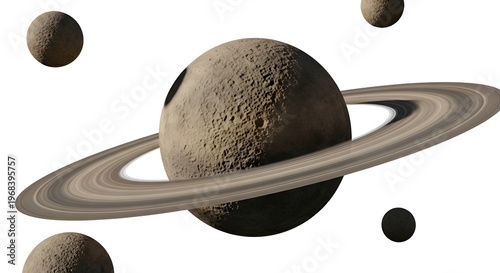 Saturn Ringed Planet and Moons in Space, Cosmic Background