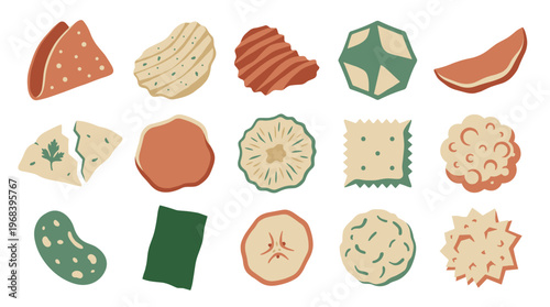 A delightful assortment of various illustrated snack chips, crackers, and crisps is displayed in a charming, textured style with a warm and earthy color palette.