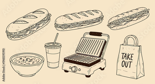 An outline sketch vector illustration of a grill, sandwiches, and takeout food items on a table