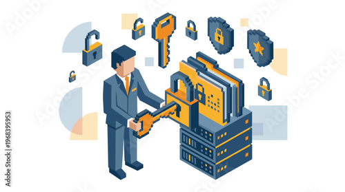 An isometric businessman in a suit uses a large golden key to unlock a secure folder on a server stack, surrounded by floating lock and shield security icons.