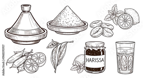 An outline sketch vector illustration of a traditional Moroccan food setup with tagine, couscous, harissa, and citrus fruits on a table.