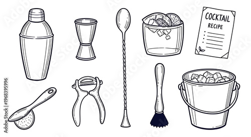 Outline sketch vector illustration of a bartender's tools and ingredients for a cocktail recipe