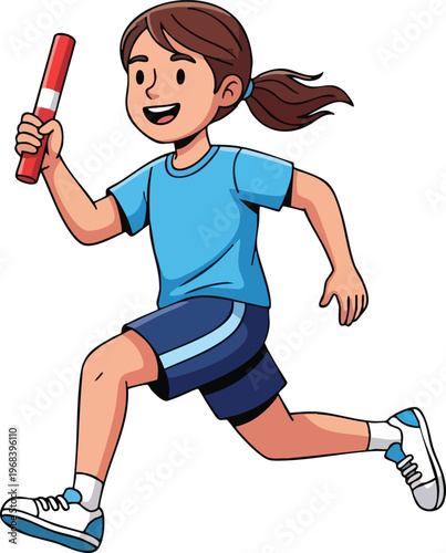 Young girl running a relay race holding a baton.