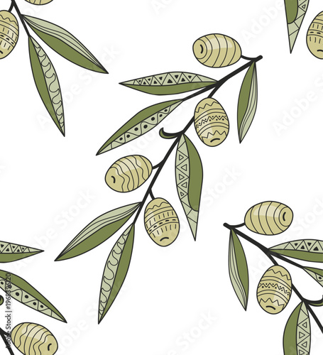 Vintage doodle patterned olive branches seamless pattern. Vector illustration background