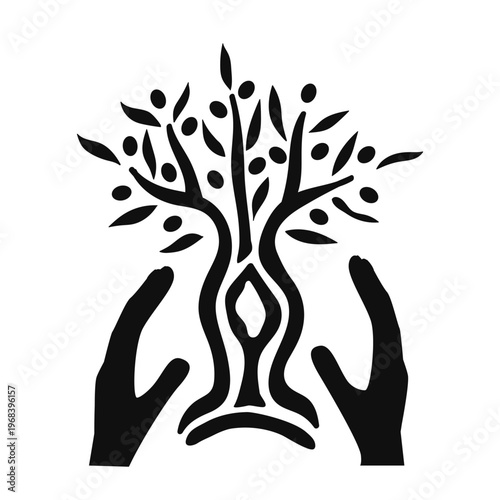 Olive tree and human hands outline icon. Vector isolated illustration design, logo or template.