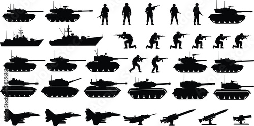 Military Vehicles and Soldiers Silhouette Collection Featuring Battle Tanks Fighter Jets Warships Artillery Missiles and Infantry Troops for Warfare Defense and Armed Forces Graphic Design