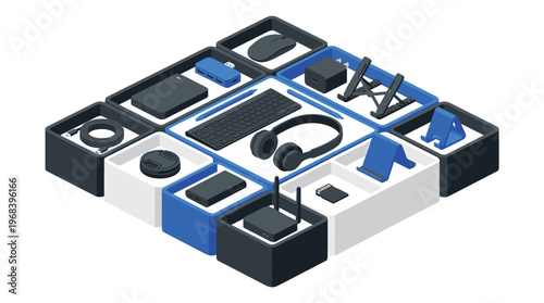 A meticulously organized isometric collection of modern computer peripherals and tech gadgets is displayed in a compartmentalized tray against a clean white background.