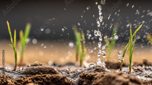 water droplets soil plants agriculture rain eco seed planting sustainability growth nature farming environment irrigation moisture splash organic cultivation concept with blurred background