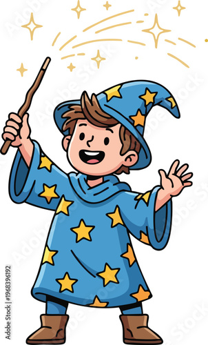 Cute cartoon boy dressed as a wizard casting a spell with a magic wand.