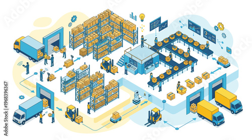 A complex isometric illustration of a modern smart warehouse shows automated logistics processes, including robotic arms, conveyor belts, and delivery trucks in a busy scene.