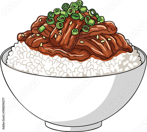 Delicious Japanese Gyudon Beef Bowl with Rice and Green Onions.