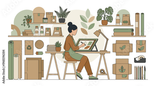 A creative female designer meticulously illustrates on a digital tablet at her wooden desk, surrounded by sustainable packaging and lush green houseplants.