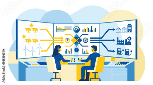 Two diligent operators with headsets meticulously manage a complex smart grid from a futuristic control room, monitoring renewable energy distribution on a wide screen.