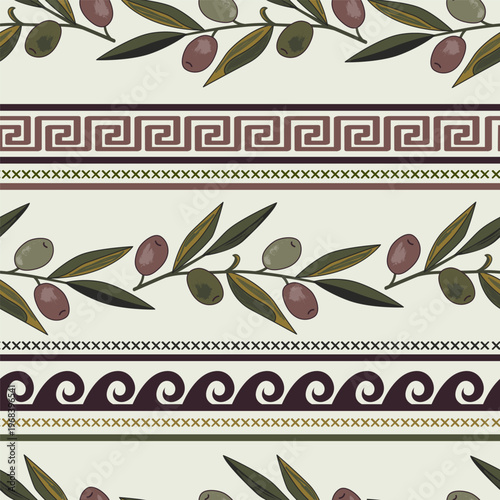 Seamless pattern with olives, meander, and other classical Greek symbols. Rich ancient stylized ornament. Vector illustration.