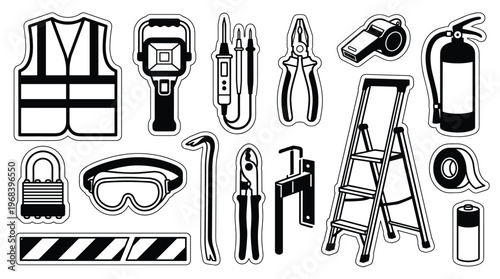 A bold black and white sticker set of essential safety and construction equipment icons, including a reflective vest, thermal camera, ladder, and fire extinguisher.