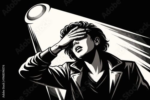 Stressed Man Covering Face Under Spotlight Anxiety Burnout and Mental Health Concept