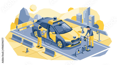 Two focused engineers meticulously calibrate the advanced sensors of a yellow and grey autonomous car on a test track within a stylized, minimalist city setting.