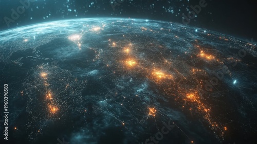 Futuristic global network connection with glowing lines connecting cities on Earth