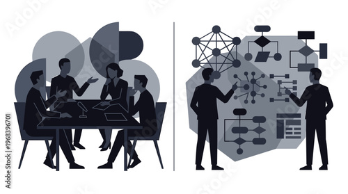 A monochromatic diptych contrasts a collaborative business team meeting around a table with two analysts meticulously examining complex data flowcharts and networks.