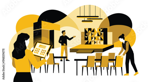 A team of professional event planners meticulously organizes a modern conference venue, arranging seating and checking details on a tablet in a stylish yellow and black theme.