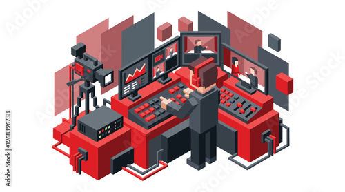 A skilled video editor works intently at a complex control console in a broadcast studio, managing multiple live feeds on screens in a bold red and grey isometric setting.
