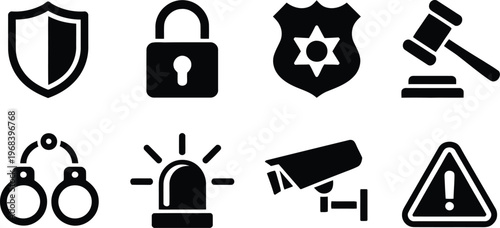 Policy enforcement icons set, solid filled vector collection featuring shield lock police badge gavel handcuffs alarm security camera and warning triangle for security and compliance design.