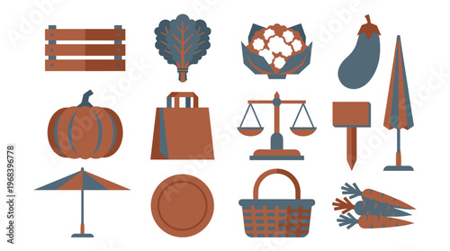 A charming collection of farmers market icons, including fresh vegetables, a wooden crate, and weighing scales, is displayed in a flat, minimalist two-tone style.