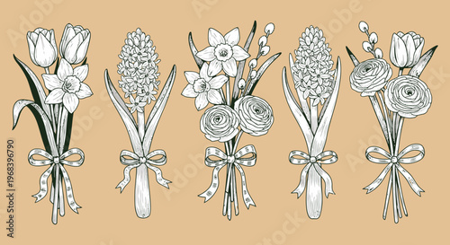 This outline sketch vector illustration features a collection of flowers in bouquets.