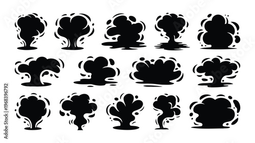 Set of black smoke clouds illustrations for comic and cartoon effects.