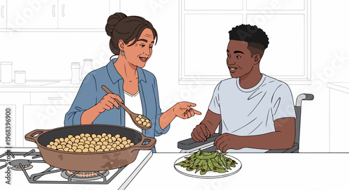 Woman and young man doing healthy cooking, preparing chickpeas with fresh vegetables. Scene shows inclusive participation, mindful healthy cooking, promoting social interaction.