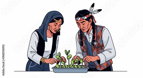 Cultural diversity depicted by two individuals planting green seedlings in tray, symbolizing growth and future prosperity. Diverse people nurture young plants,