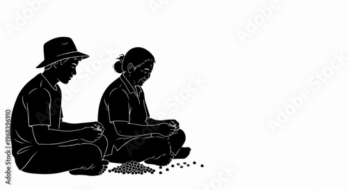 Individuals performing crop sorting, seated on ground, handling harvested produce. Manual crop sorting illustrates traditional farming, depicting dedicated workers and post harvest activity.