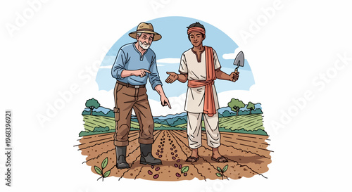 Farmers working field, discussing planting, crop care. Experienced farmer points to seedlings, younger farmer holds trowel, learning farm methods. Concept farmers working for agricultural development,