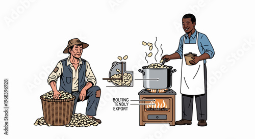 Illustration showing traditional food processing with harvested root vegetables. Manual food processing features a farmer collecting produce and a cook boiling items on a stove.