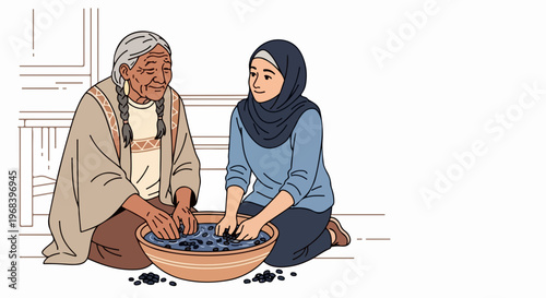 Cultural tradition shows older and younger women working hands in bowl. Cultural tradition reflects intergenerational learning, bridging generations through shared activity.