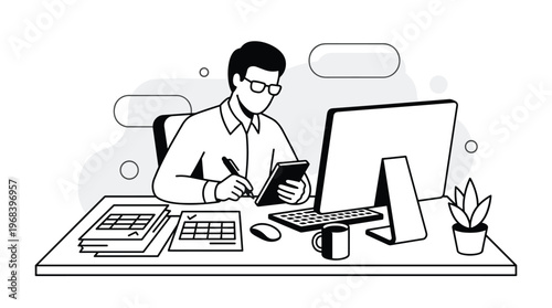 A focused businessman in a minimalist line art style meticulously organizes his schedule on a digital tablet while working at his clean desk with a computer.