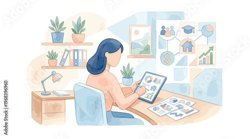 A creative woman meticulously plans her future life goals on a digital tablet, analyzing colorful charts and graphs in a cozy, softly lit home office setting.