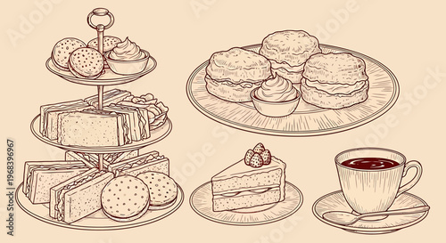 An outline sketch vector illustration of a tiered serving dish with cakes and pastries next to a plate of biscuits a slice of cake and a cup of tea