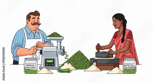 Man and woman engaged in food processing, demonstrating modern electric grinder and traditional stone mill. Food processing shows green peas turning into powder, contrasting techniques.