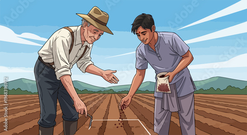 Farmers planting seeds in a field, vector illustration of agricultural work and generational farming knowledge transfer.