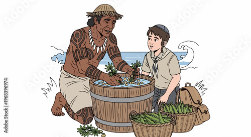 Indigenous boy learning traditional plant preparation near ocean waves, elder figure sharing ancestral wisdom with young boy regarding sustainable natural resources and cultural practices.