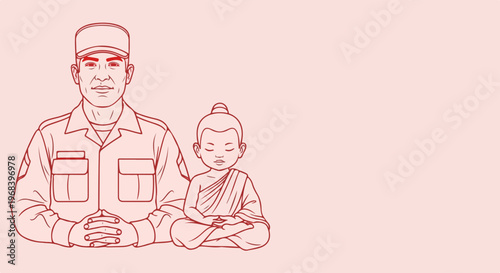 Line drawing showing military meditation with soldier in uniform and small Buddha statue sitting peacefully. Illustration depicts mindful military meditation,