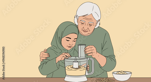 Older woman and young woman cooking together, preparing meal in kitchen with food processor. Cooking together involves grinding chickpeas and ingredients in electric mixer, fostering bond.