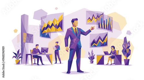 A confident businessman in a vibrant purple suit interacts with floating holographic data visualizations and charts in a futuristic, abstract corporate office environment.