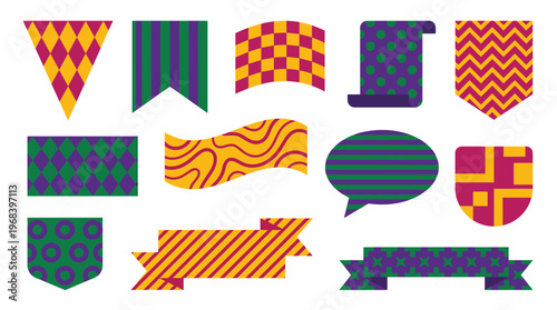 A festive collection of Mardi Gras themed banners, flags, and ribbons with vibrant patterns is displayed in the traditional colors of purple, green, and gold.