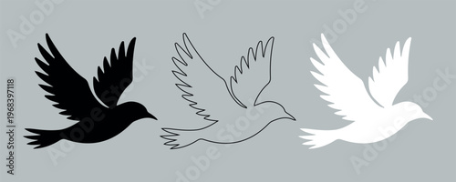 Minimalist flying bird silhouettes, set of 3 dove icons in black and white, elegant pigeon outline vector for peace and freedom concepts